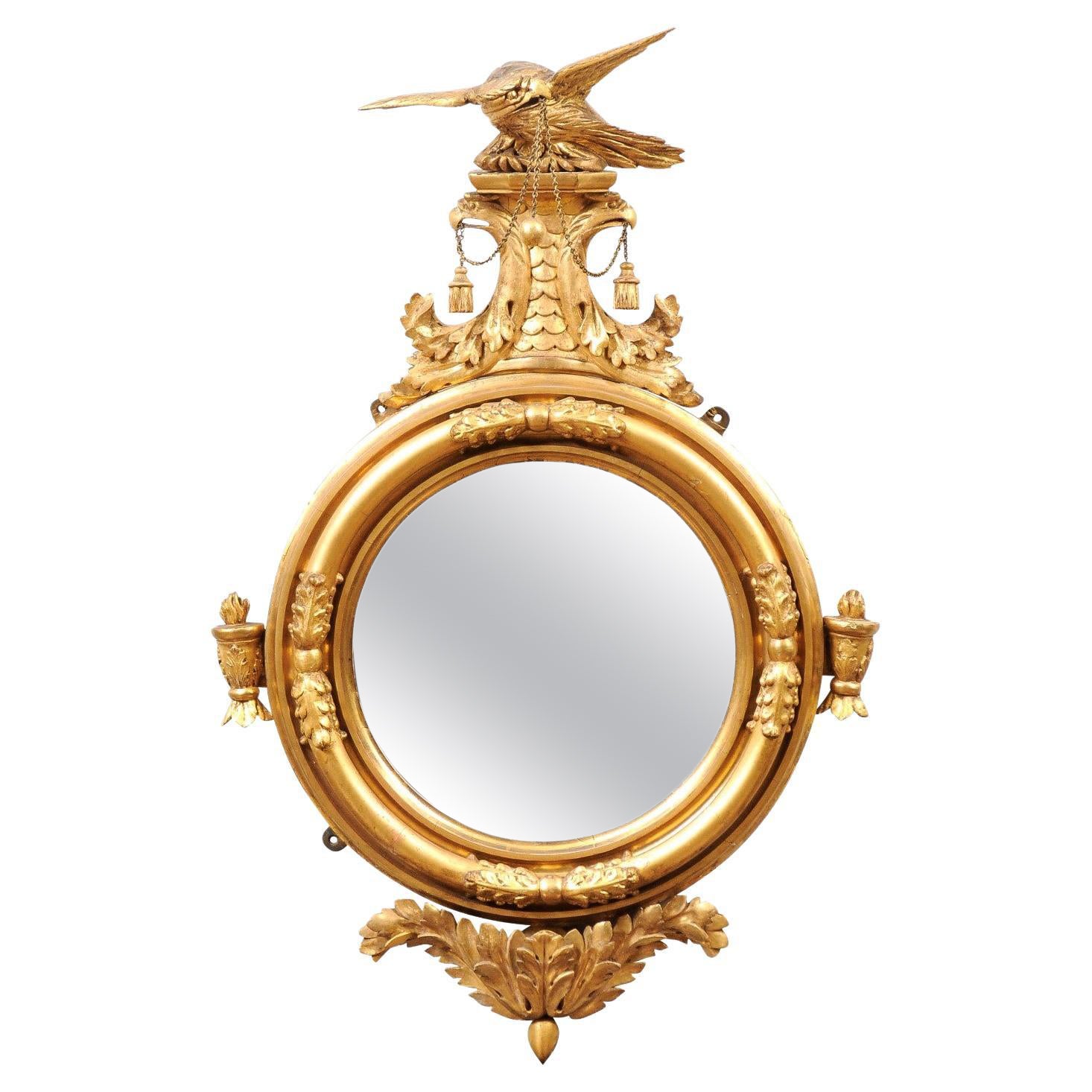 English Regency 19th Century Bull’s Eye Mirror with Eagle Crest  For Sale