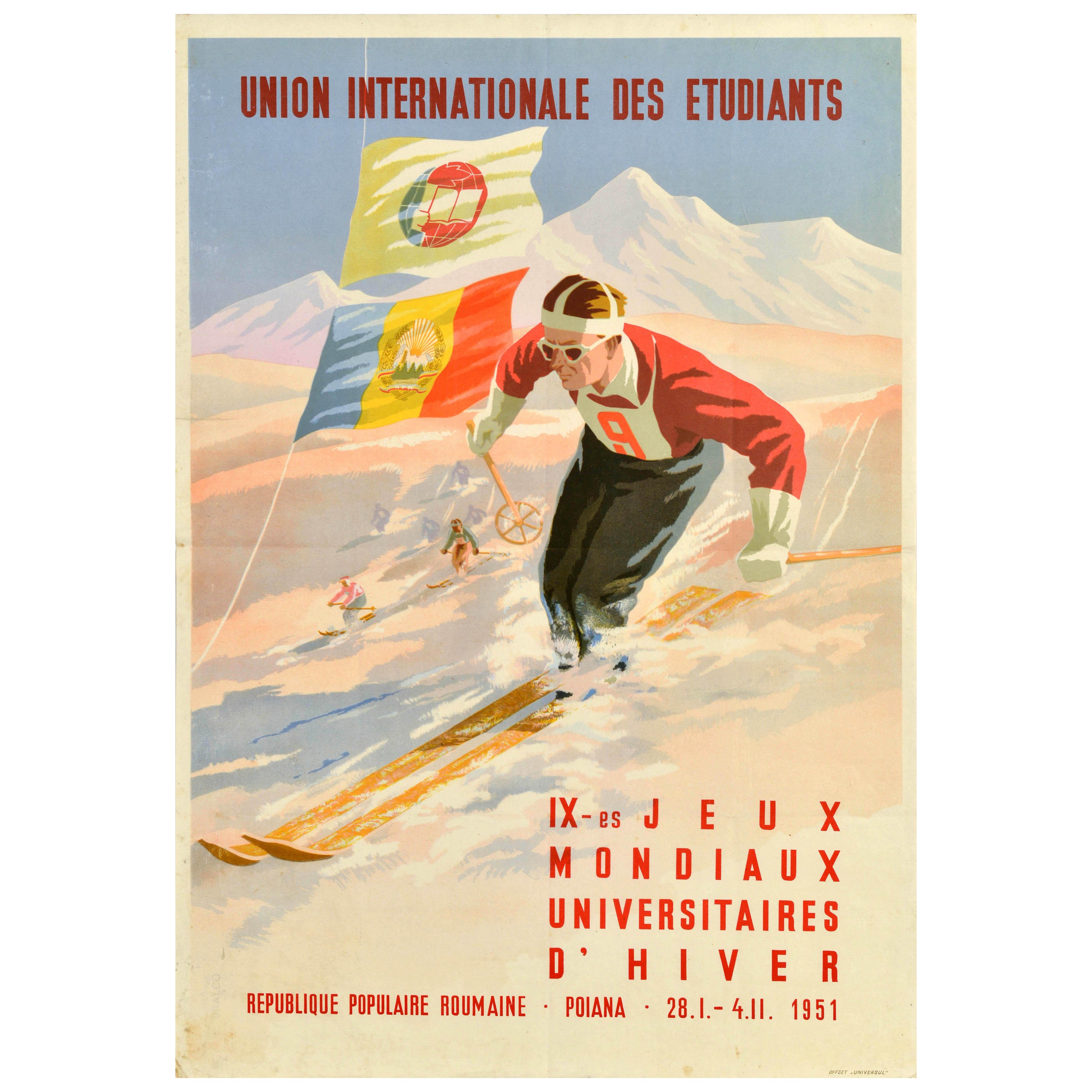 Affiche rétro originale des Jeux d'hiver de l'Université du monde IX de Roumanie, Pioana en vente