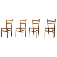 Gio Ponit, 4 x Italian Modern Dining Chairs in Solid Beech and Wicker, 1960s