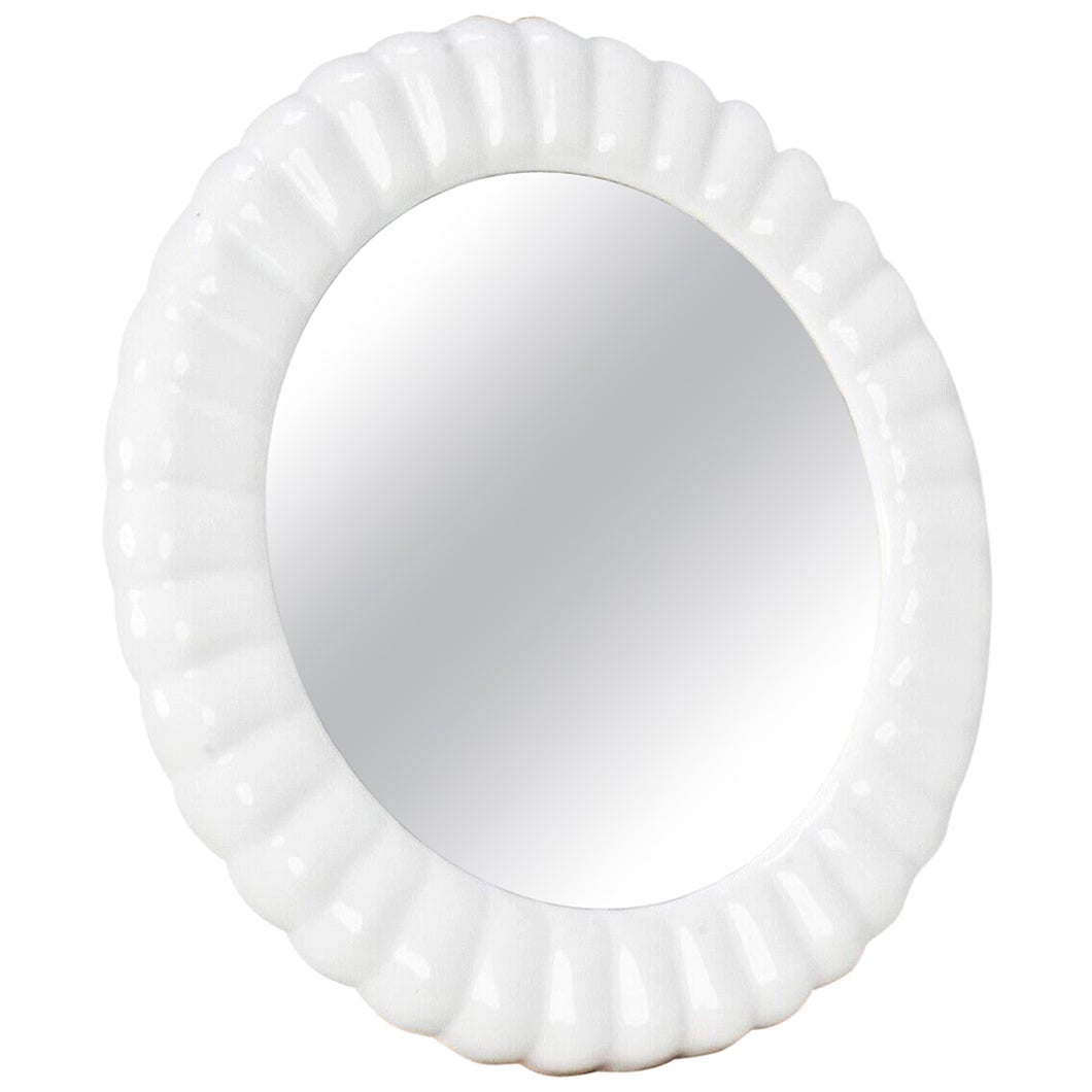 Vintage White Ceramic Wall Mirror with Scalloped Edge, Bathroom Bedroom Mirror For Sale