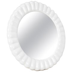 Used White Ceramic Wall Mirror with Scalloped Edge, Bathroom Bedroom Mirror