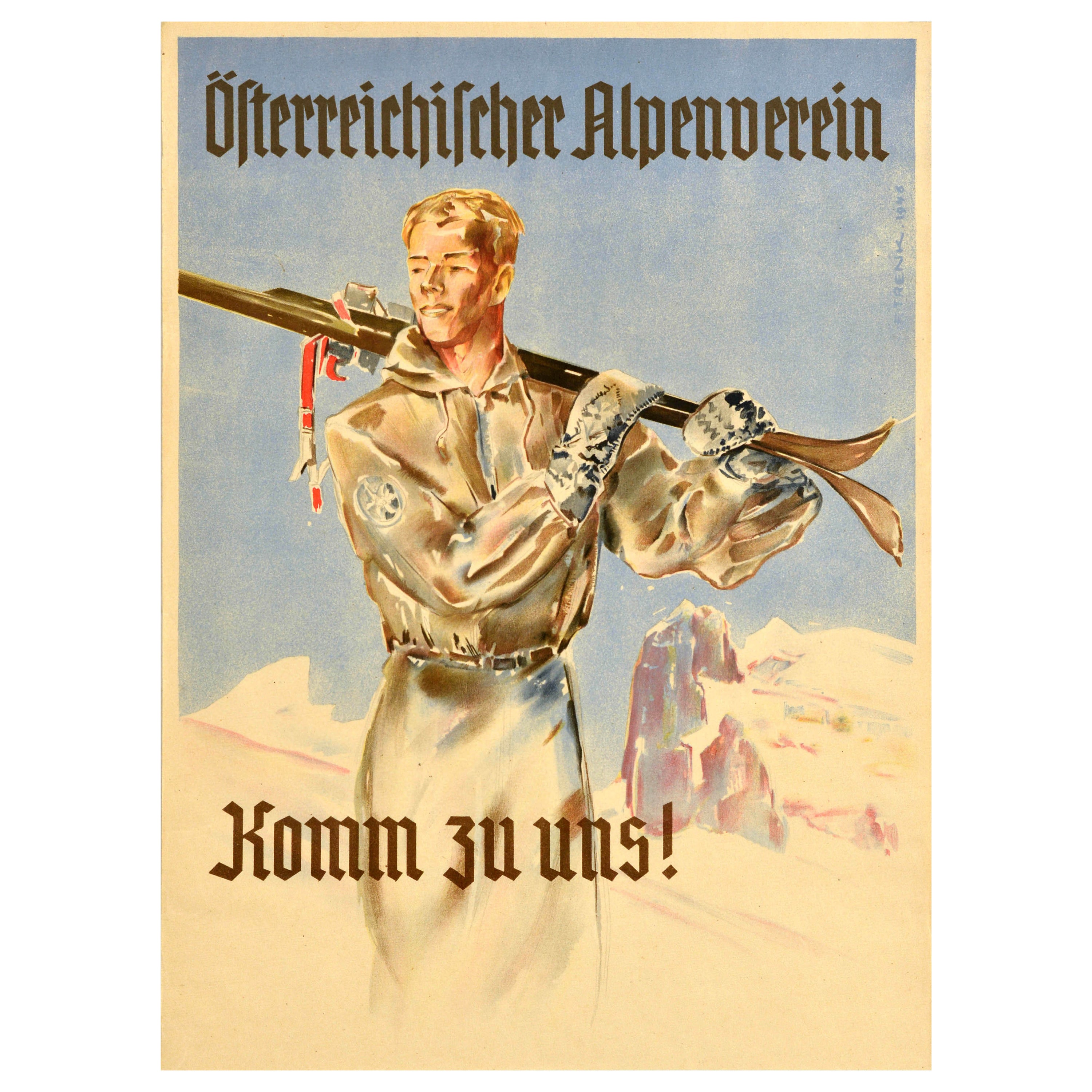 Poster d'epoca originale del Club Alpino Austriaco Osterreichischer Alpenverein Skiing