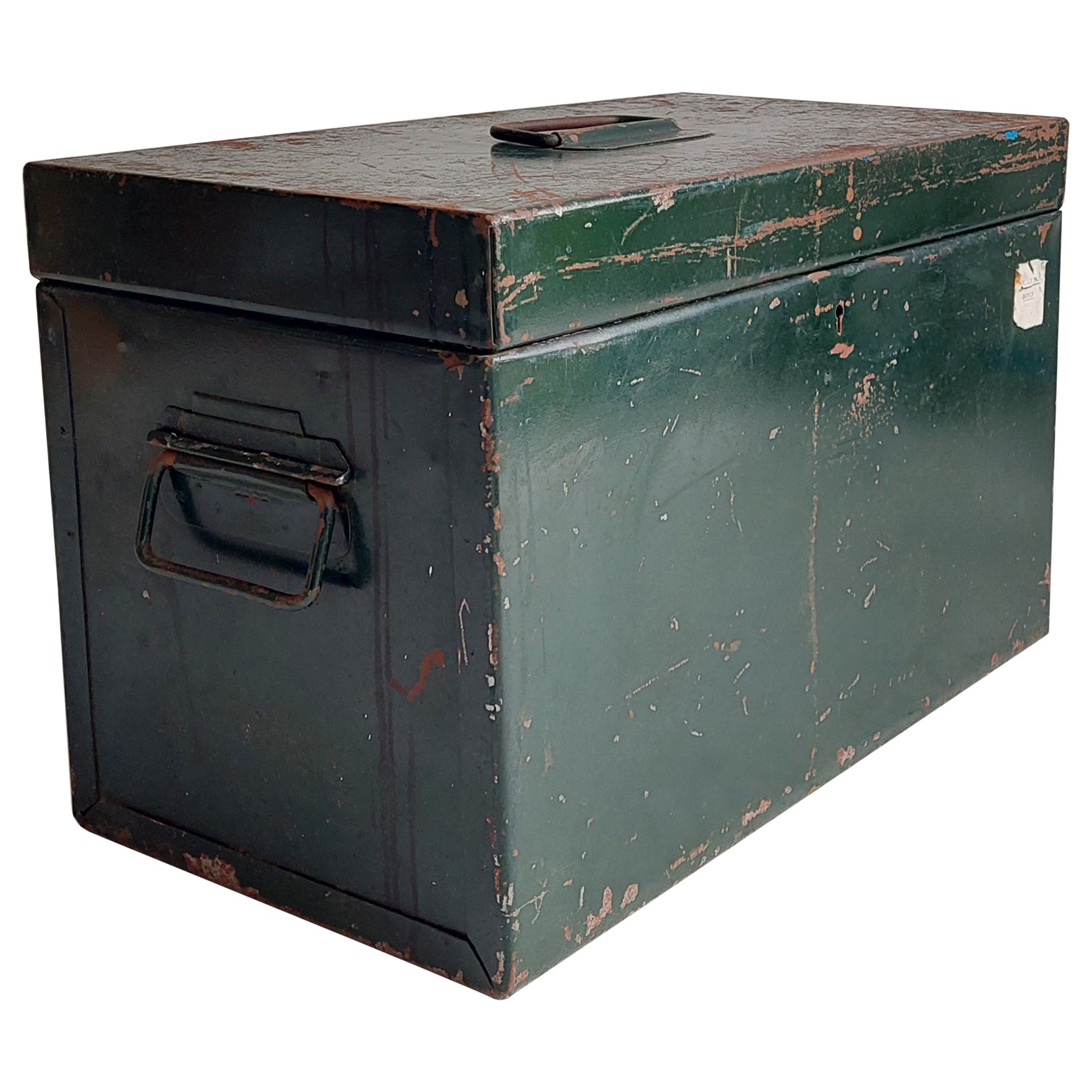Industrial Vintage Green Steel Trunk Chest Strong Box with Distressed Paint, 50s