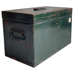 Industrial Retro Green Steel Trunk Chest Strong Box with Distressed Paint, 50s