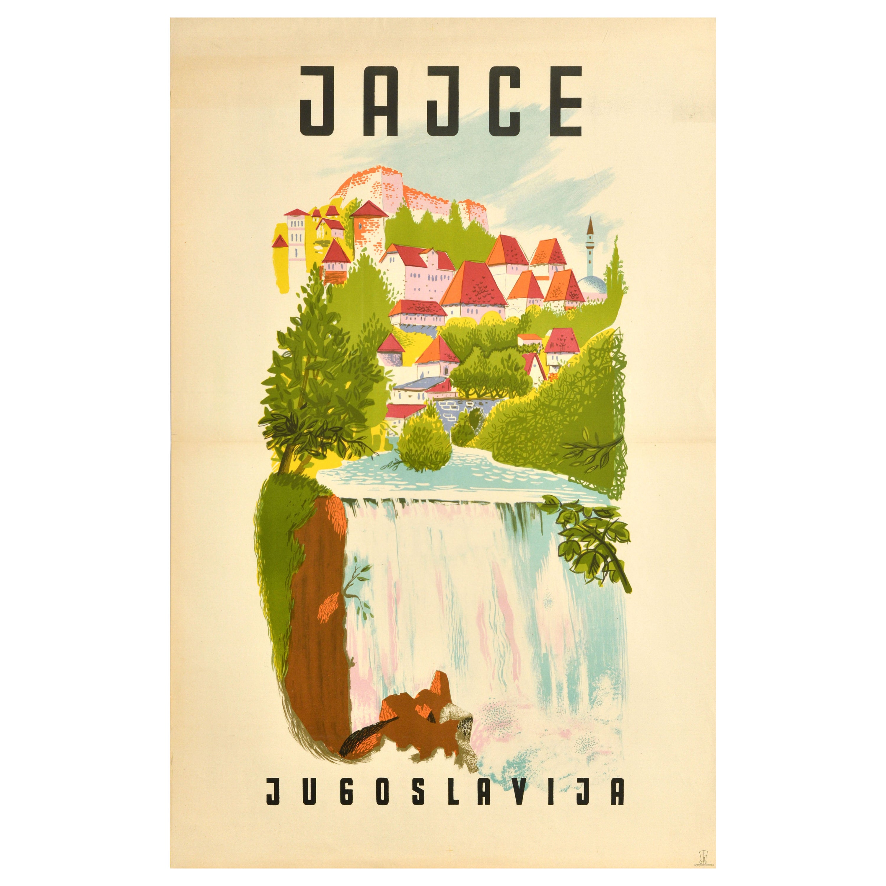 Affiche rétro originale de voyage Jajce Yugoslavia Pliva, Dessus d'une cascade en Bosnie