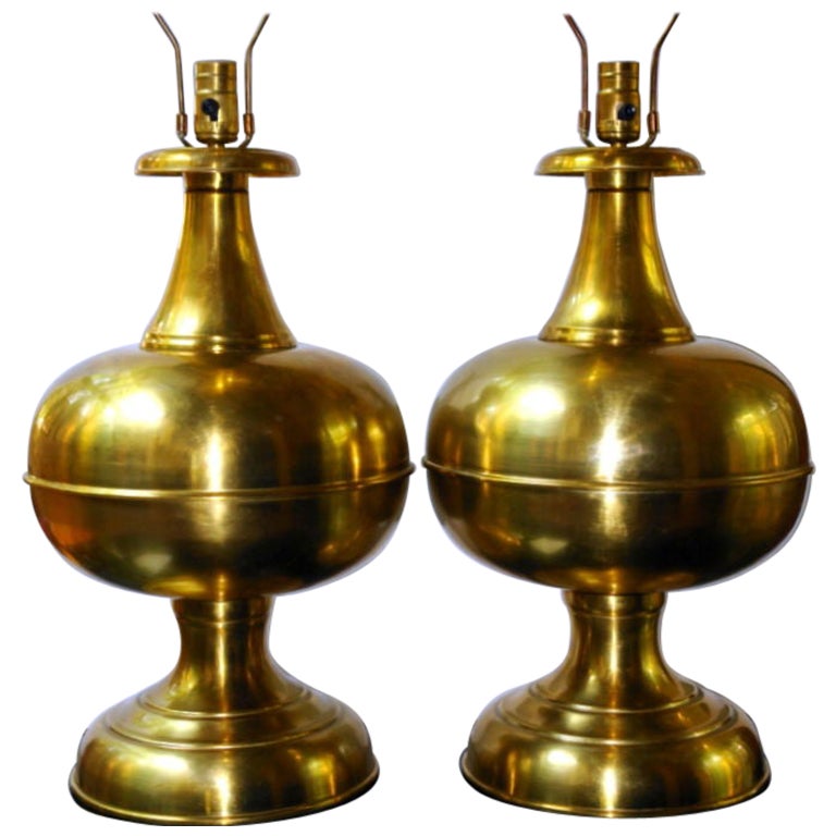 Pair of Large Brass Lamps For Sale