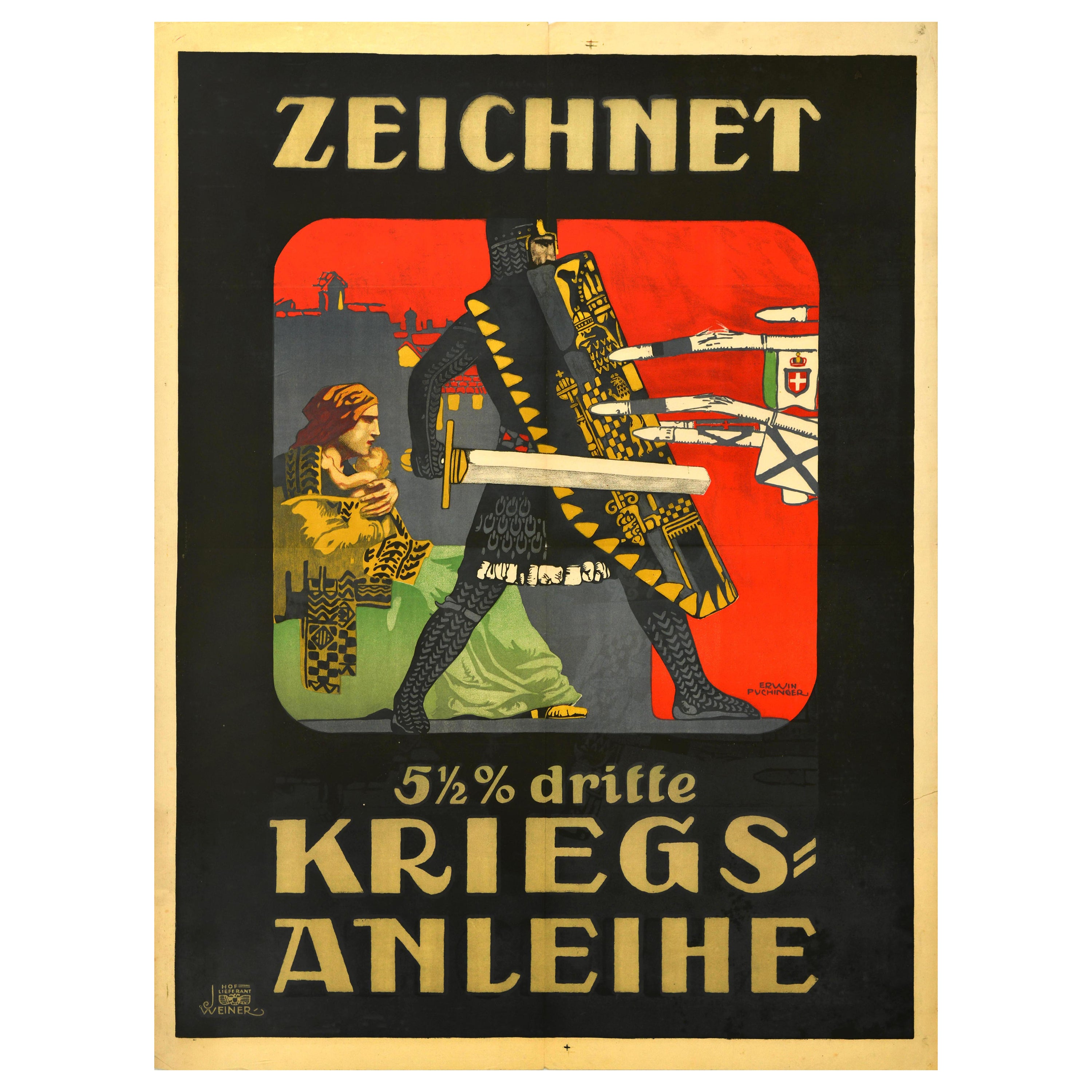 Original Antique Poster d'obligation de guerre Kriegsanleihe War Loan Soldier WWI Austria  en vente