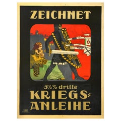 Original Antique Poster d'obligation de guerre Kriegsanleihe War Loan Soldier WWI Austria