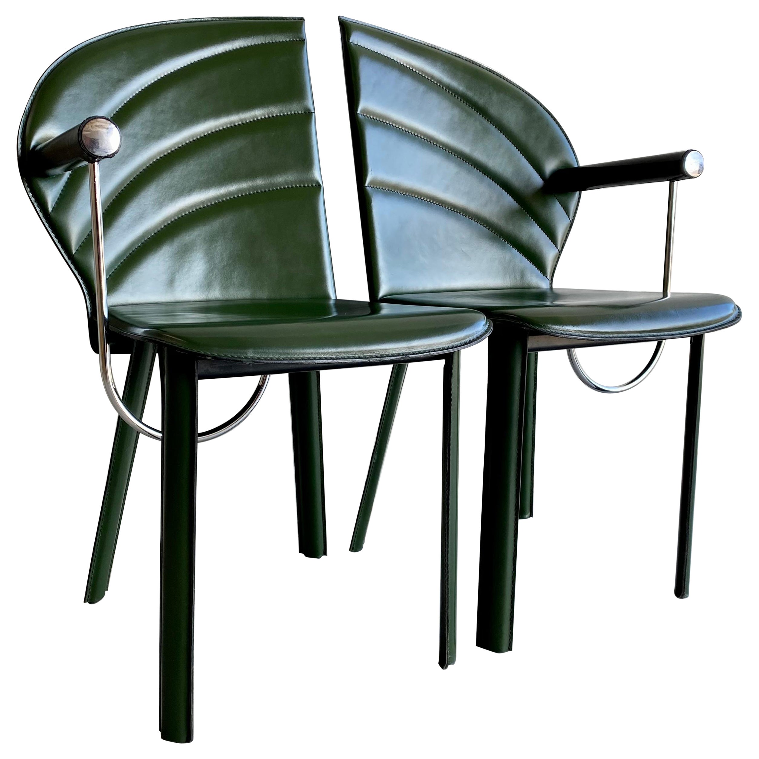 2 x Naos Green Leather Arm Chairs by Mario Morbidelli Italy 1980 For Sale