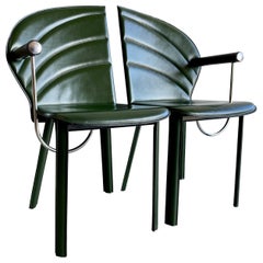 Retro 2 x Naos Green Leather Arm Chairs by Mario Morbidelli Italy 1980