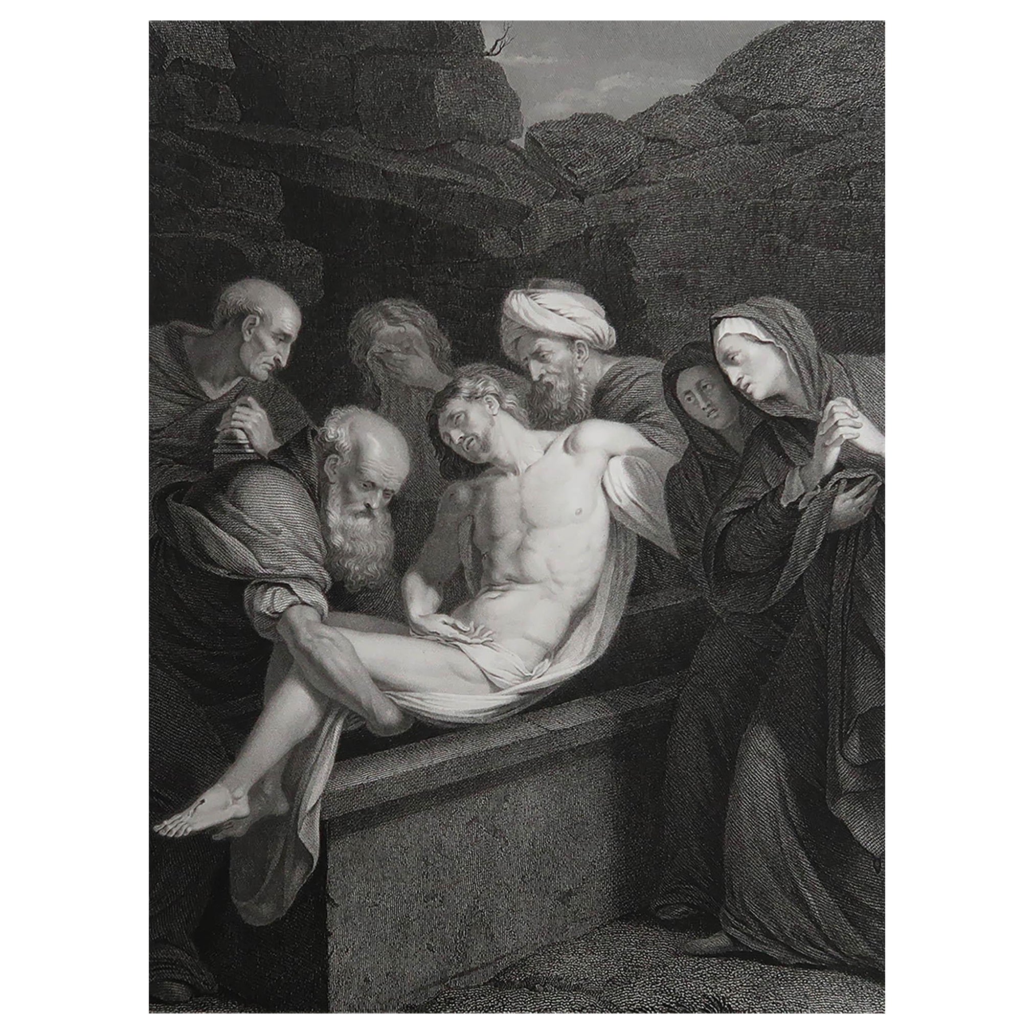 Original Antique Print After Daniele Crespi, Entombment of Christ, circa 1840 For Sale