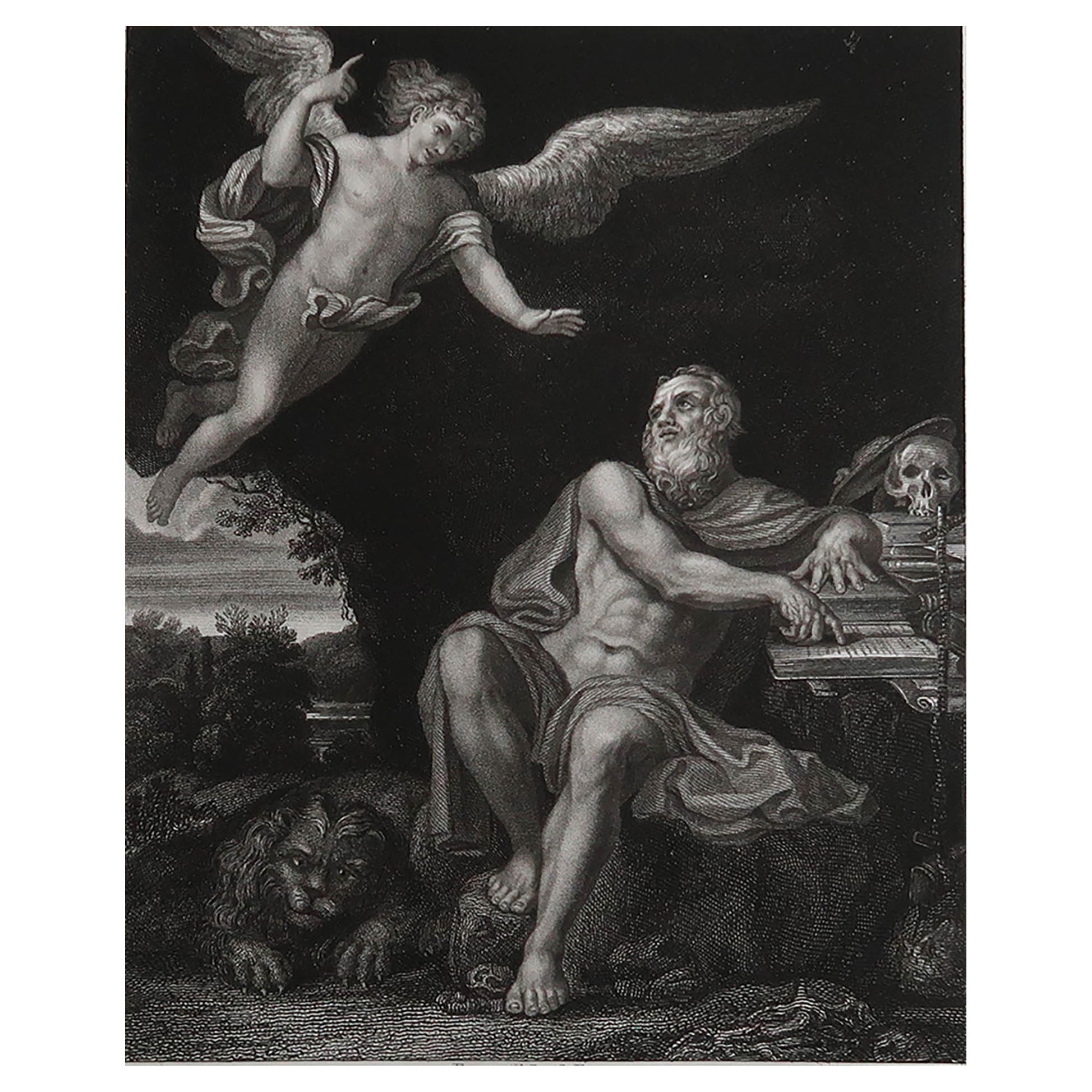 Original Antique Print After Domenichino, St. Jerome and the Angel, circa 1850 For Sale