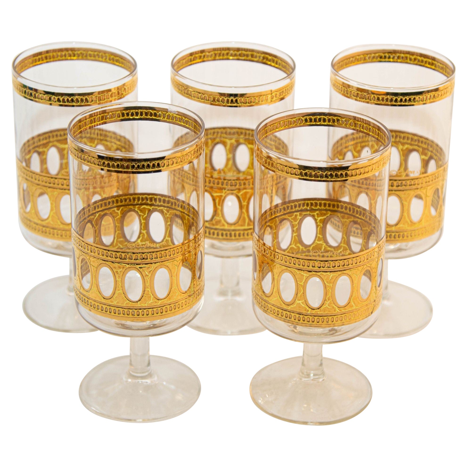 Culver Ltd Antigua-Muster 22 K Gold Bargeschirr-Gläser, 5er-Set, Vintage von 1950