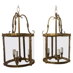 Wonderful Pair French Bronze Curved Glass Readed & x Louis XVI Lantern Fixtures