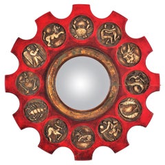 Vintage Zodiac Mirror with Red Giltwood Carved Frame