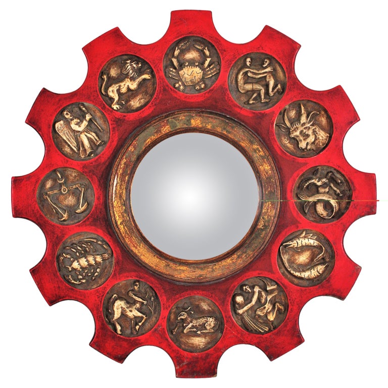 Zodiac Mirror with Red Giltwood Carved Frame For Sale at 1stDibs