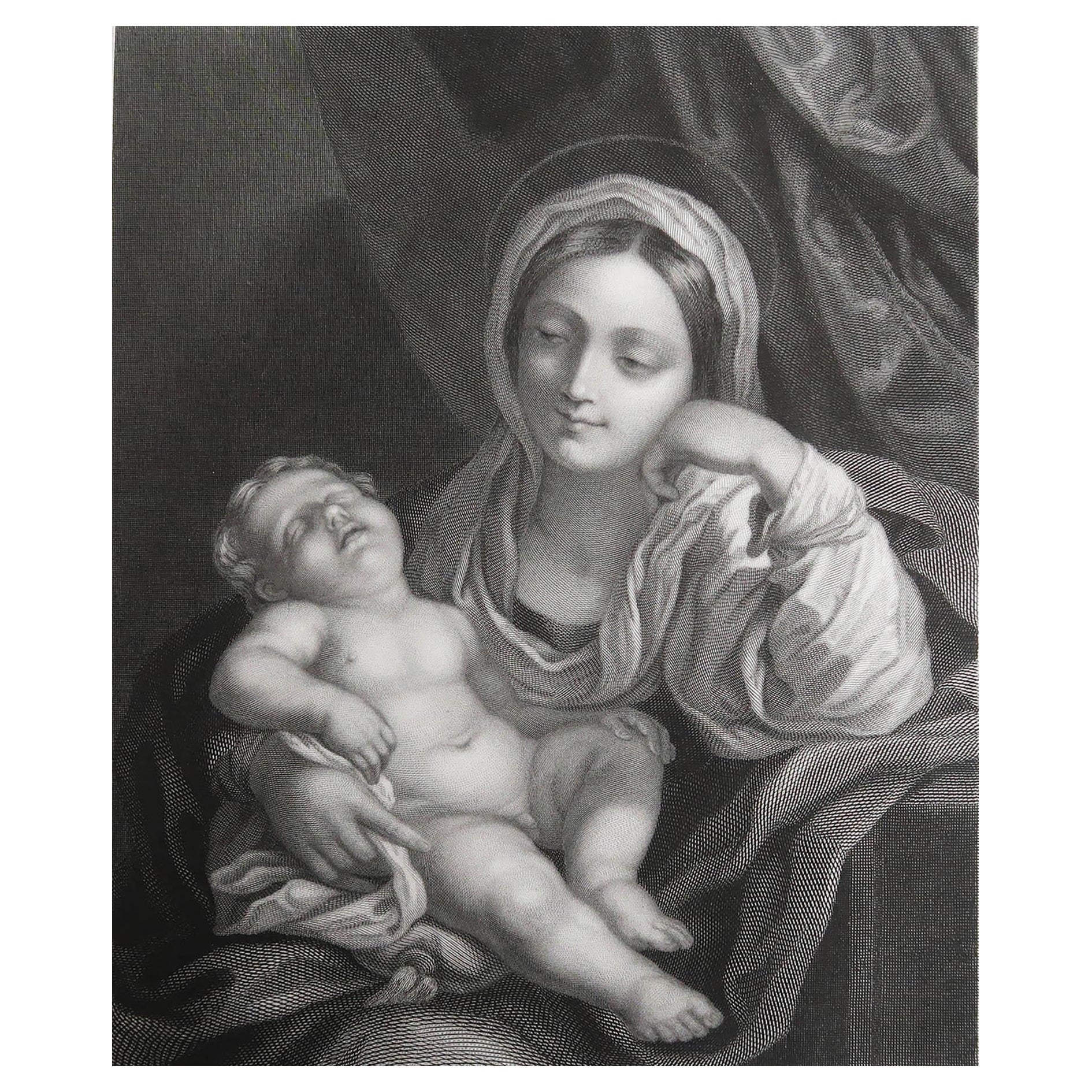 Original Antique Print After Carlo Maratta, Virgin and Child, circa 1850 For Sale