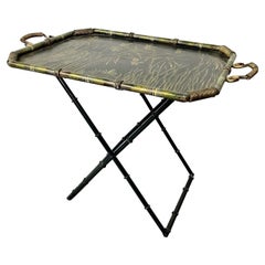 Vintage Tea or Folding Table Faux Bamboo Metal, Asian Floral Motifs