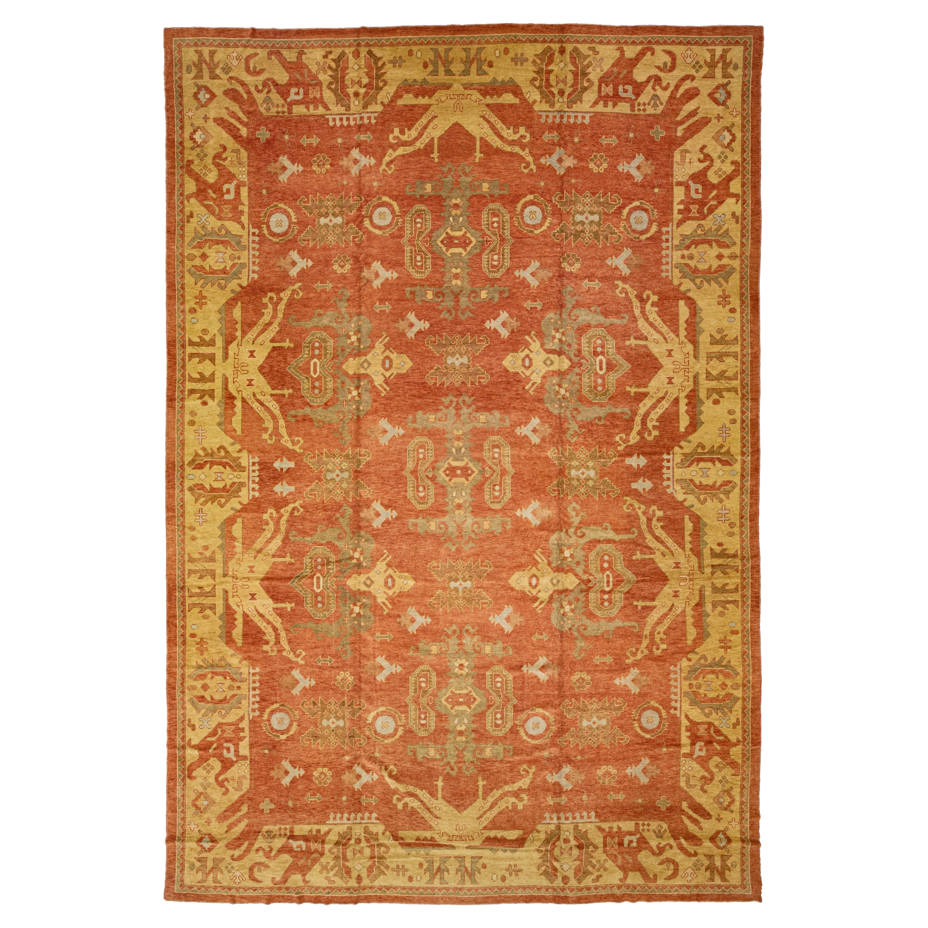 Handmade Modern Copper Turkish Oushak Wool Rug with Allover Motif For Sale