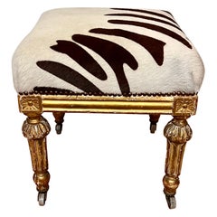 Antique Giltwood Zebra Print Cowhide Upholstered Stool