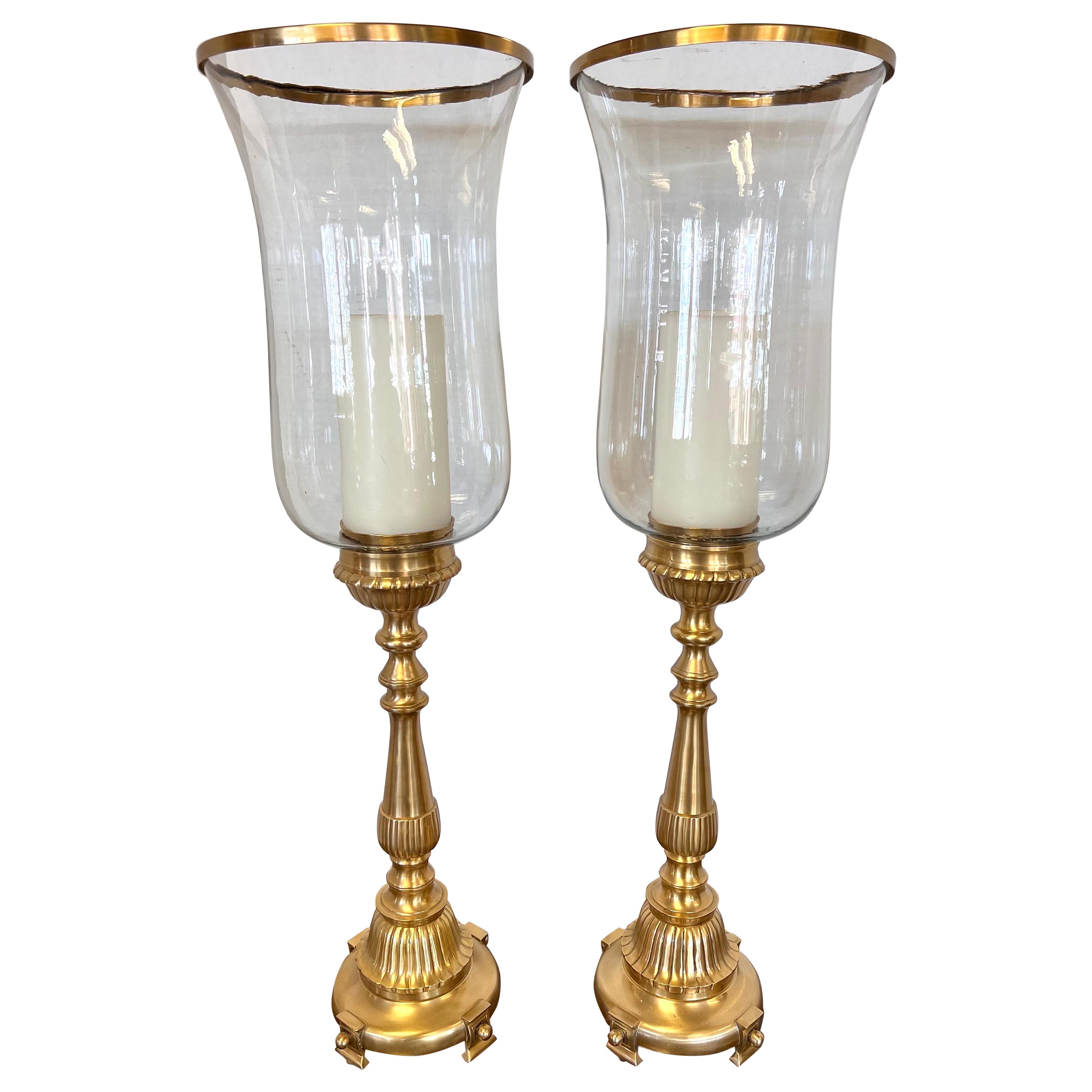 Pair of Tall Brass Candle Holders with Glass Hurricanes