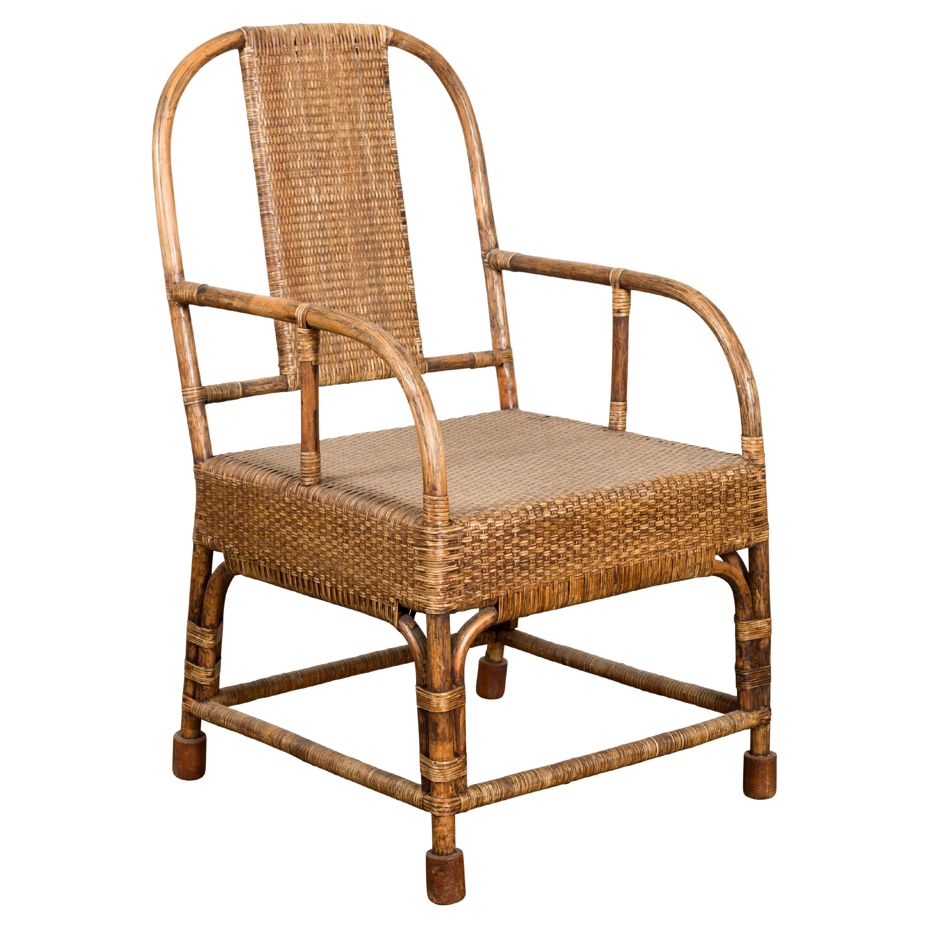 Country Style Vintage Hand-Woven Rattan Armchair with Rounded Back