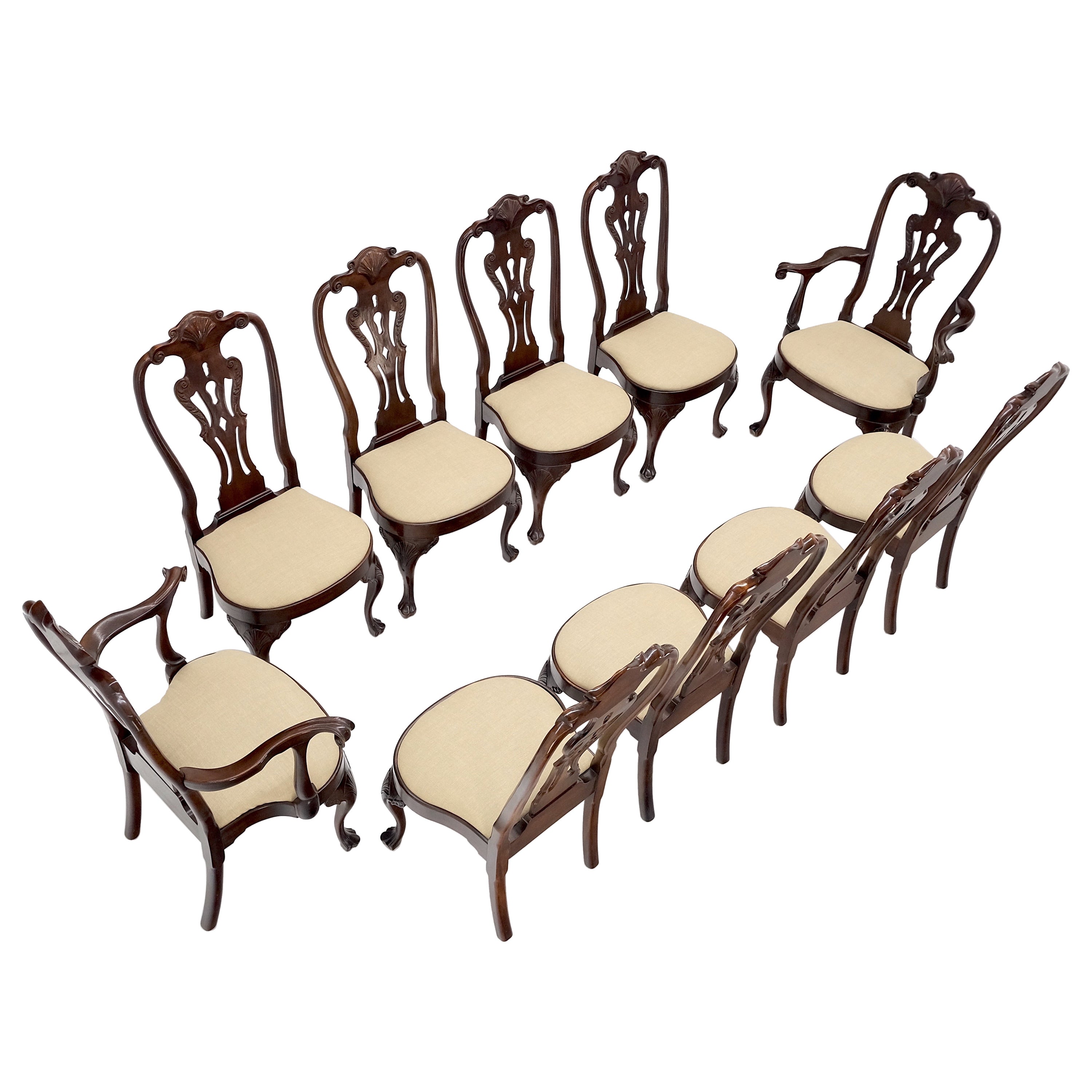 Set of 10 New Linen Upholstery Walnut Dining Chairs by Henredon Mint