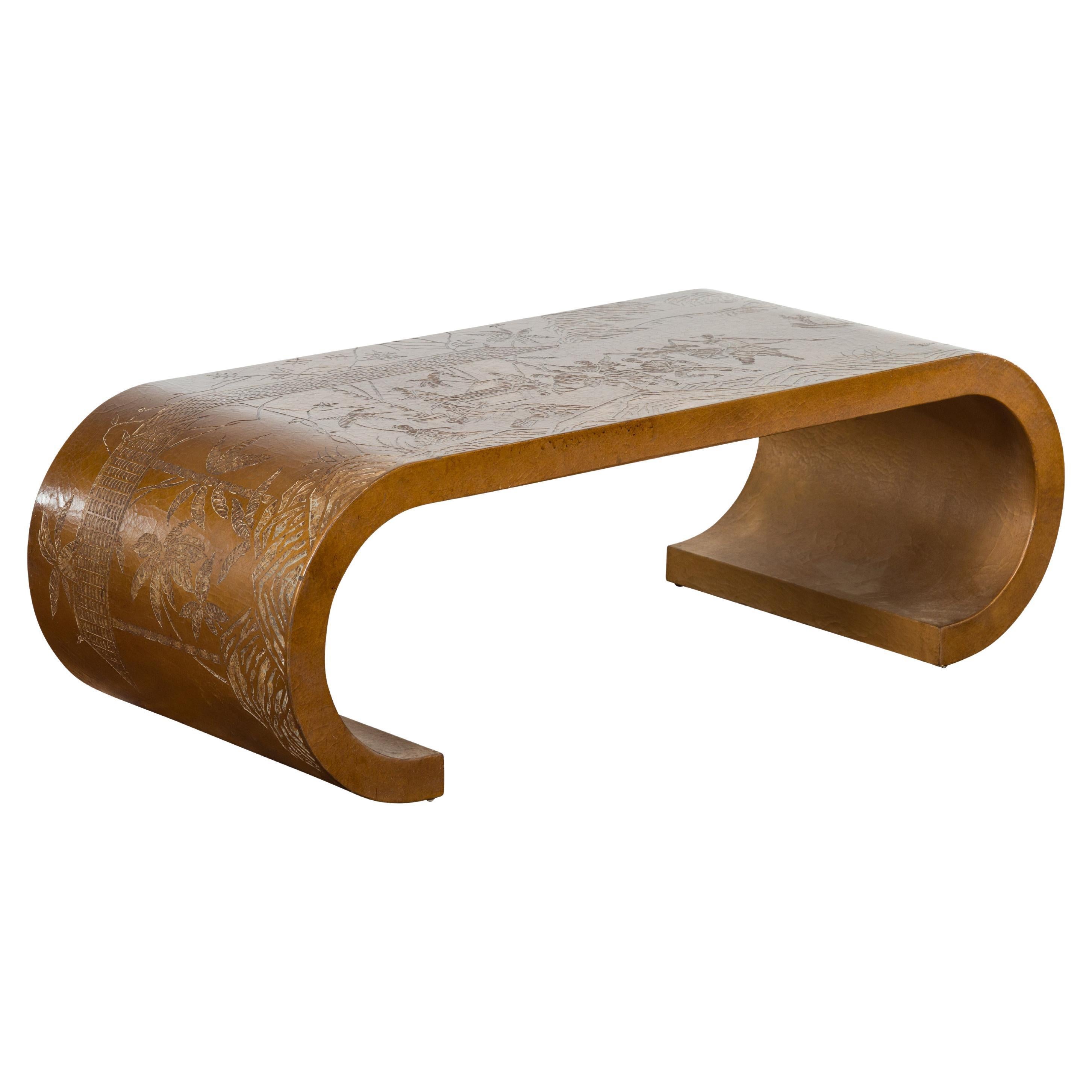 Midcentury Waterfall Scroll Table with Reserved Court Scenes Décor For Sale