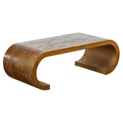 Midcentury Waterfall Scroll Table with Reserved Court Scenes Décor