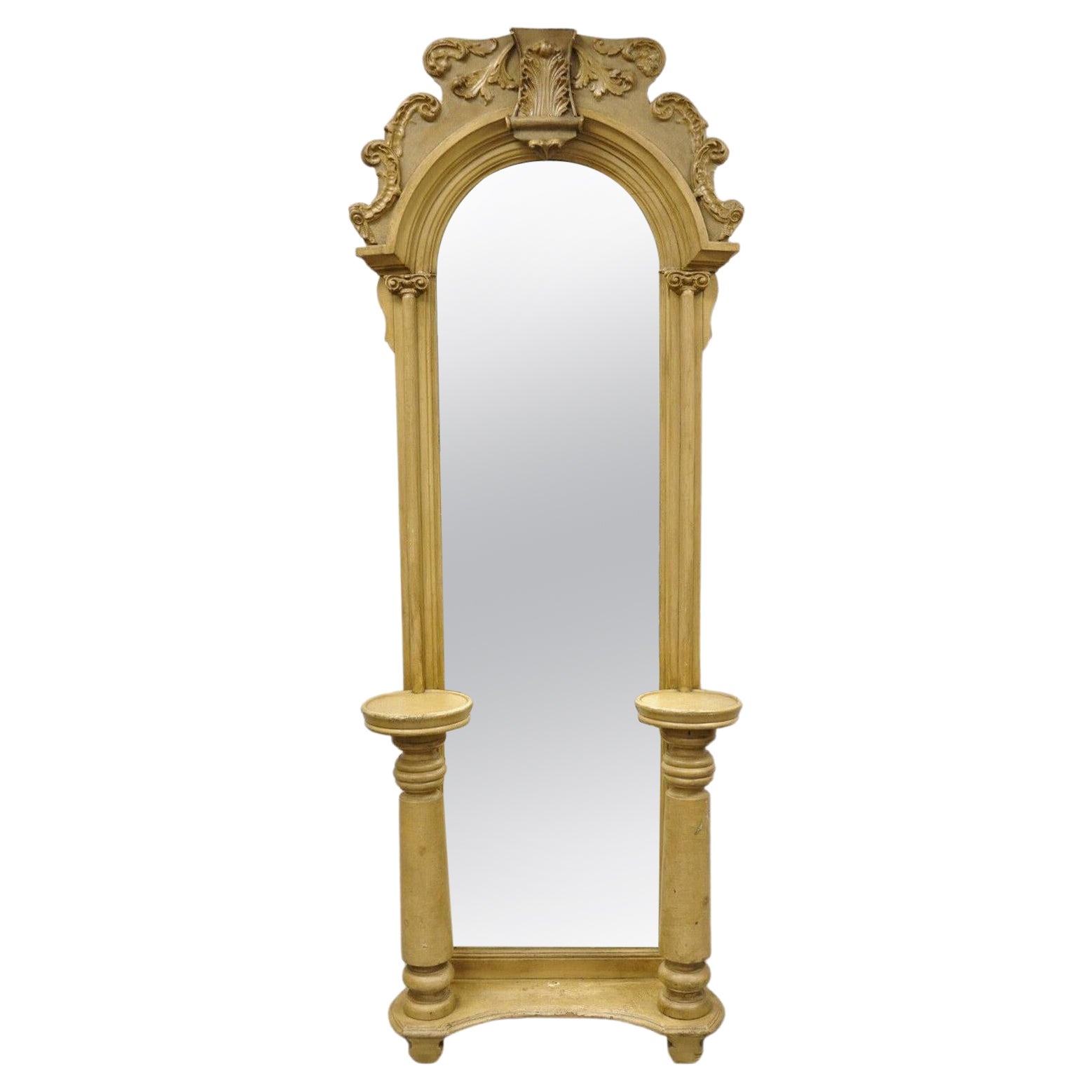 Antique American Victorian Hall Entry Mirror with Pedestal Plant Stands For Sale