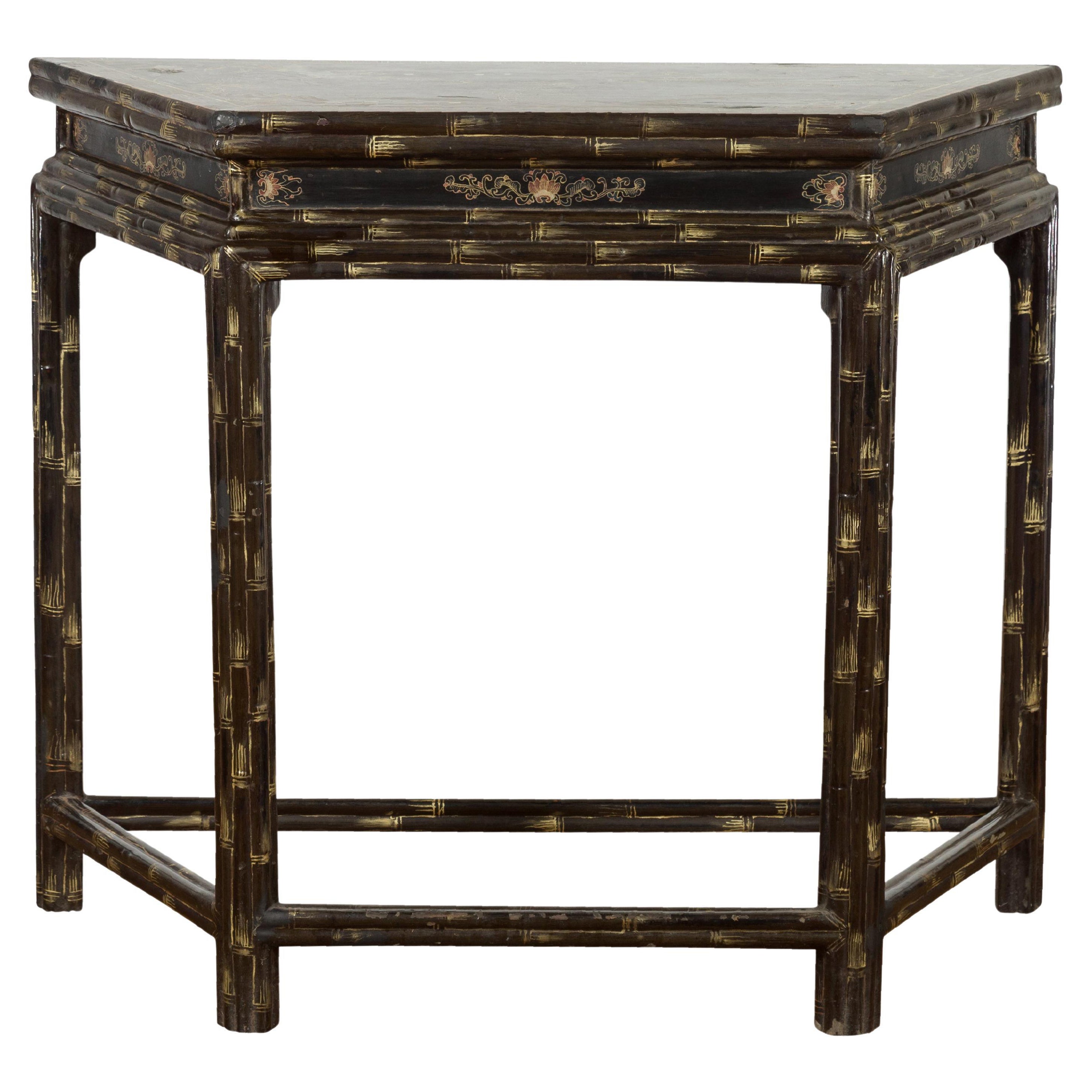 Vintage Faux Bamboo Demi-Lune Console Table with Landscape Décor