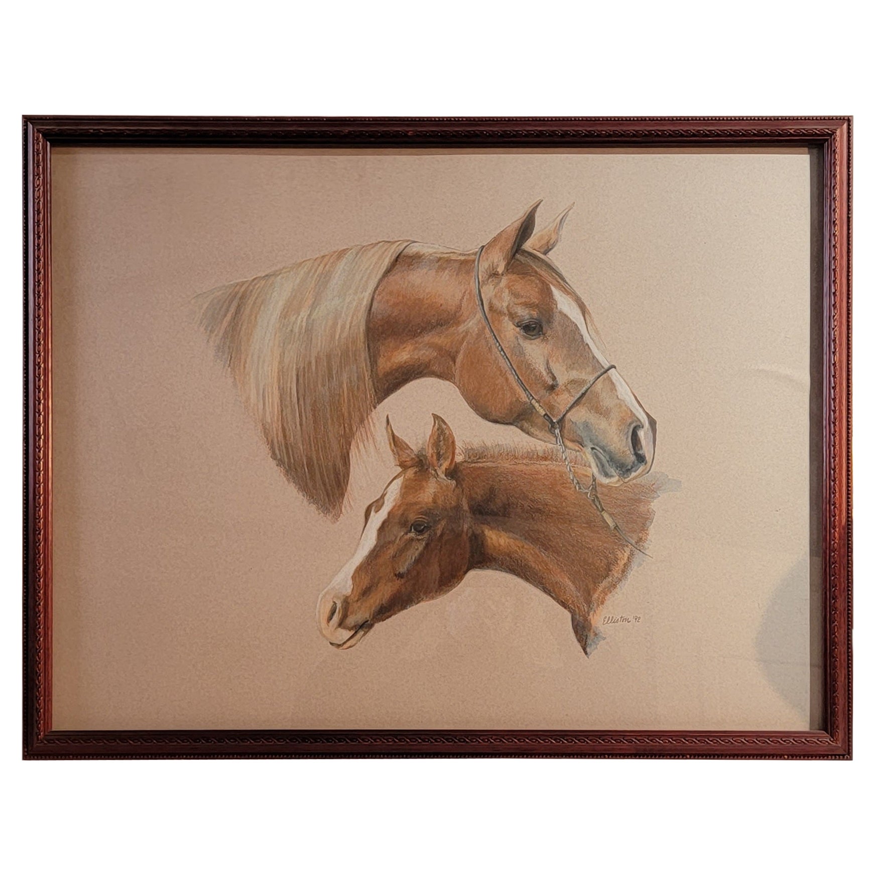 Pastel Water Color of Horse Heads Signed Elliston For Sale