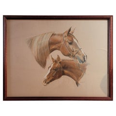 Pastel Water Color of Horse Heads Signed Elliston