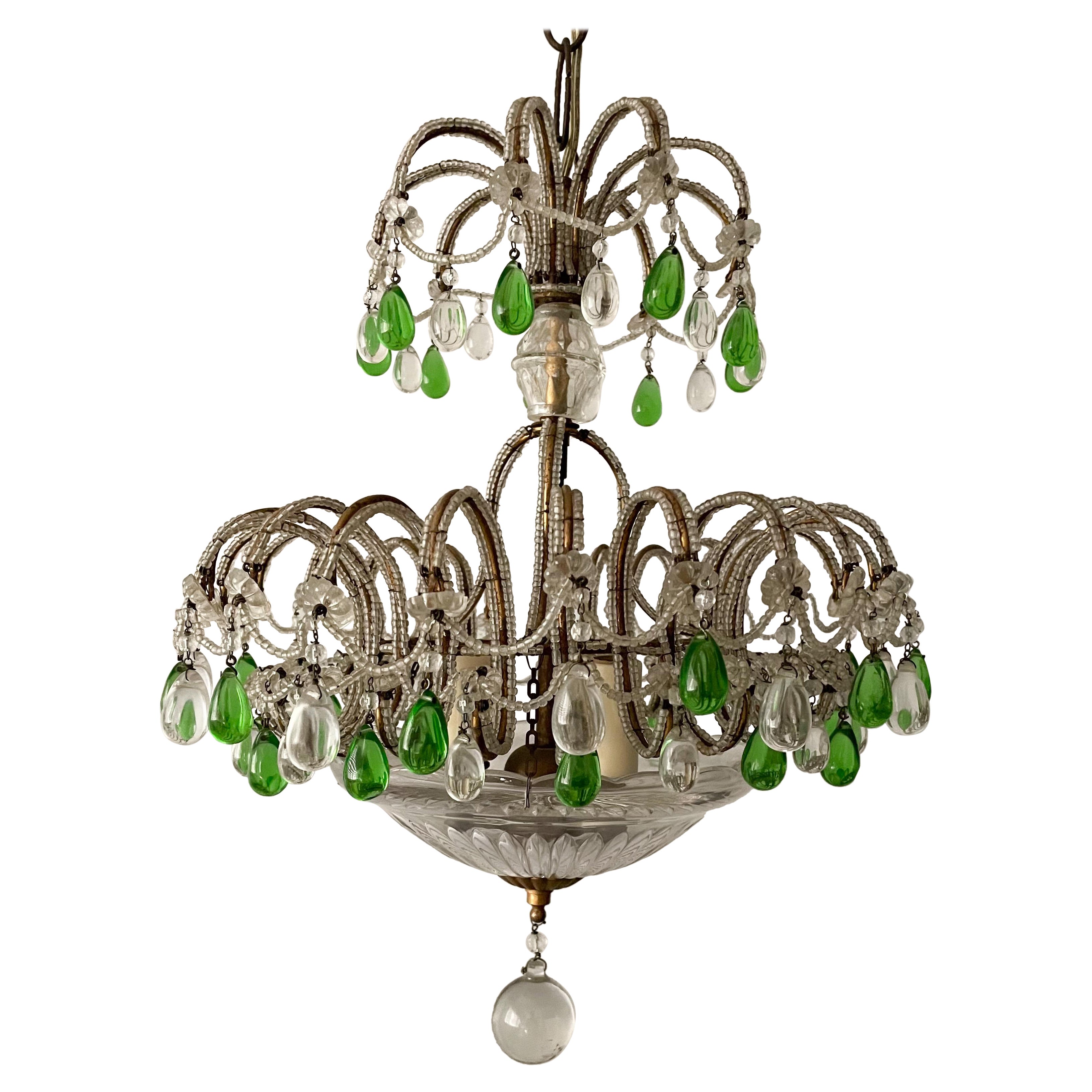 Petite Italian Crystal Beaded Chandelier with Green Drops For Sale