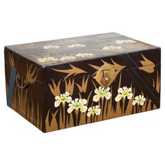 Antique Japanese Late Meiji Period Black Lacquer Blanket Chest with Golden Painted Décor