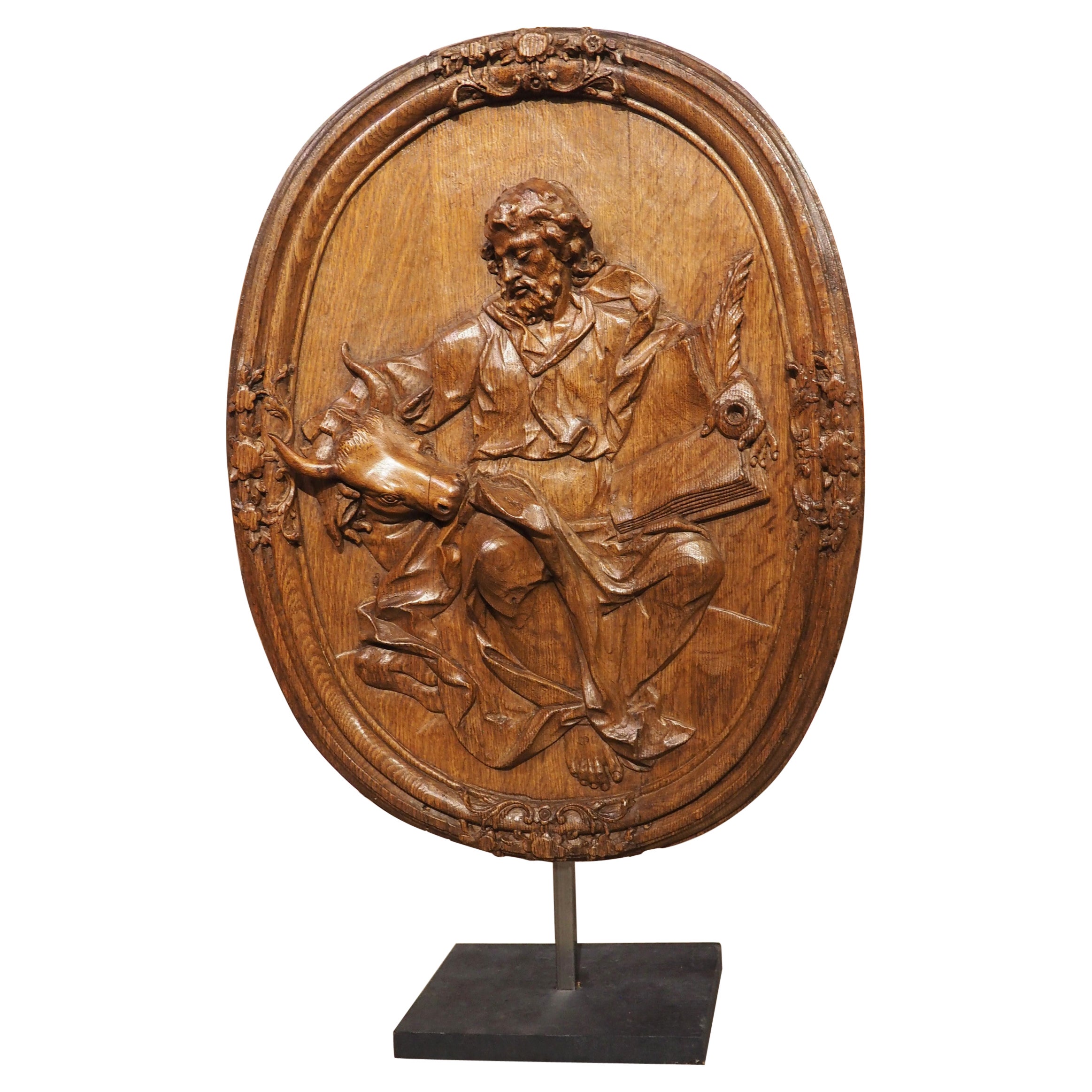 Antique French Carved and Incurved Oak Bas Relief Plaque of St Luke, circa 1720