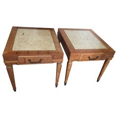 Lovely Pair of Vintage Blonde Wood & Marble Night Stands End Tables