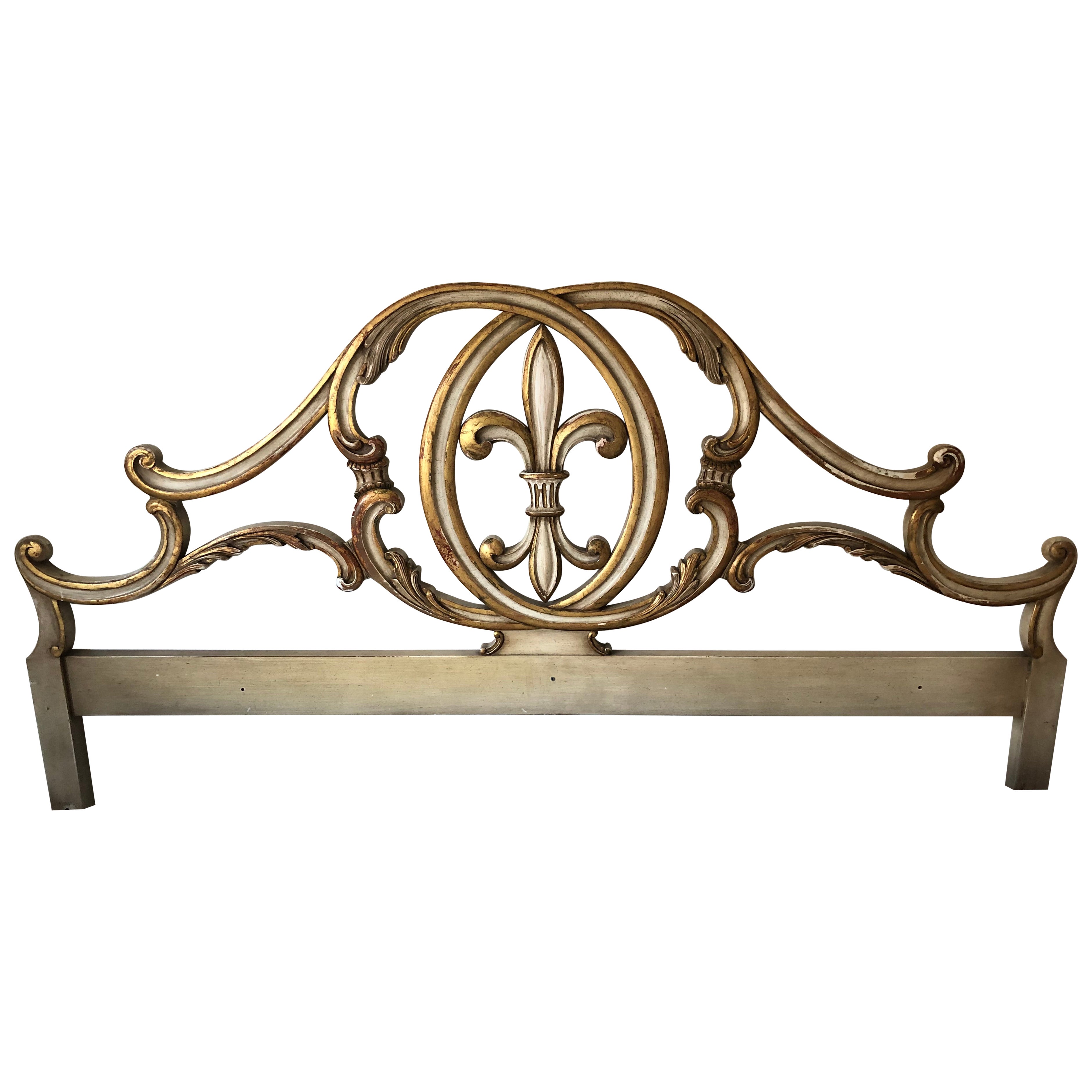 Glamorous King Size Antiqued & Gilded Fleur Di Lis Carved Wood Headboard For Sale
