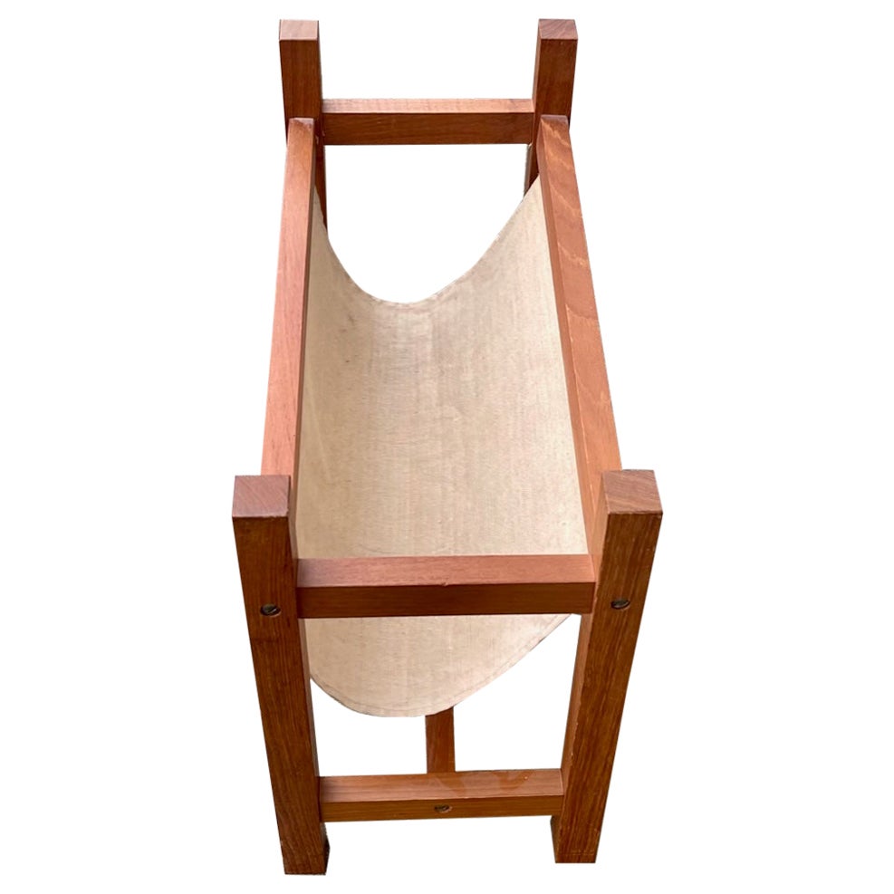 Vintage Danish Magazine Rack in Teak & Natural Linen, 1960s