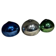 1960s Three Colorful Globes Gazing Ball Spheres Hand Blown Mercury Glass Mexico