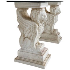 Vintage Architectural Griffin Glass Top Console Table in Plaster
