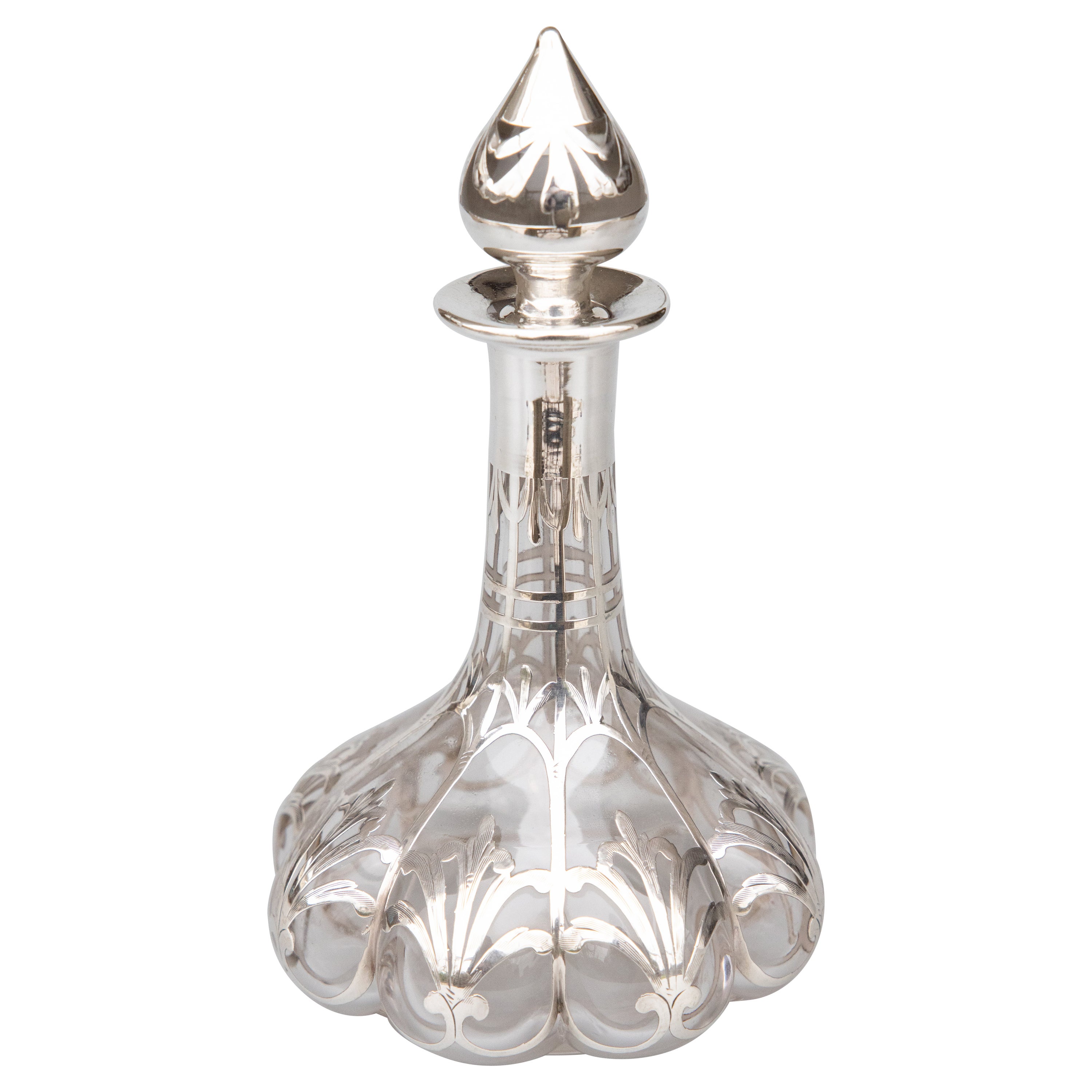Art Nouveau French Silver Overlay Glass Perfume Bottle, circa 1900 For Sale