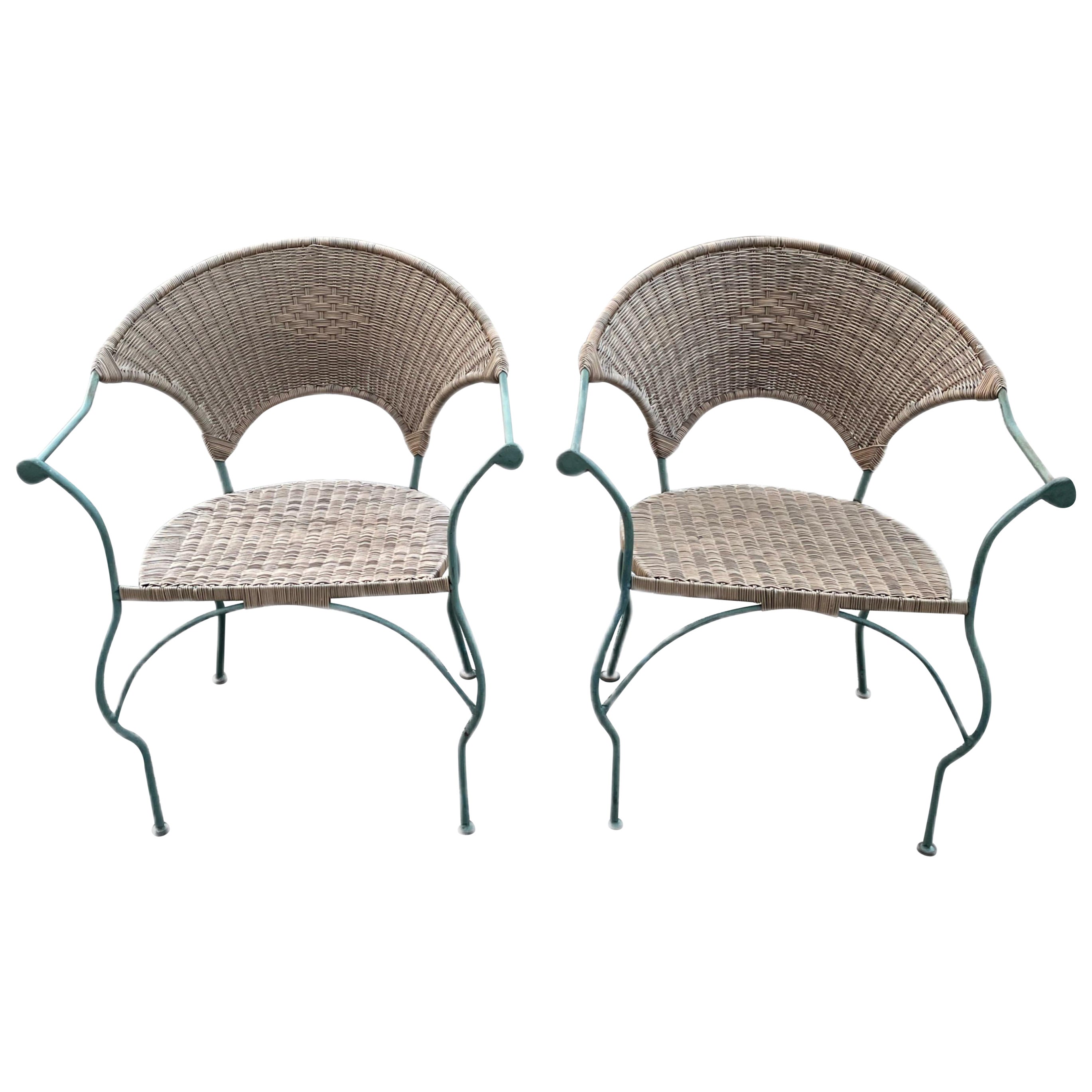 Vintage Wicker and Wrought Iron Patio Cafe Chairs For Sale