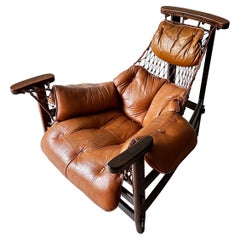 Jangada Chair in Patinated Cognac Leather by Wood Art Signed, Brazil, 1960s