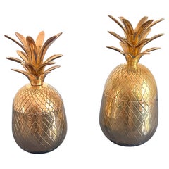 Pair of 1950s Vintage Lidded Brass Pineapple Boxes