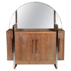 Rare armoire à cocktail Art Déco en contreplaqué de chêne et miroir à couvercle en chêne 
