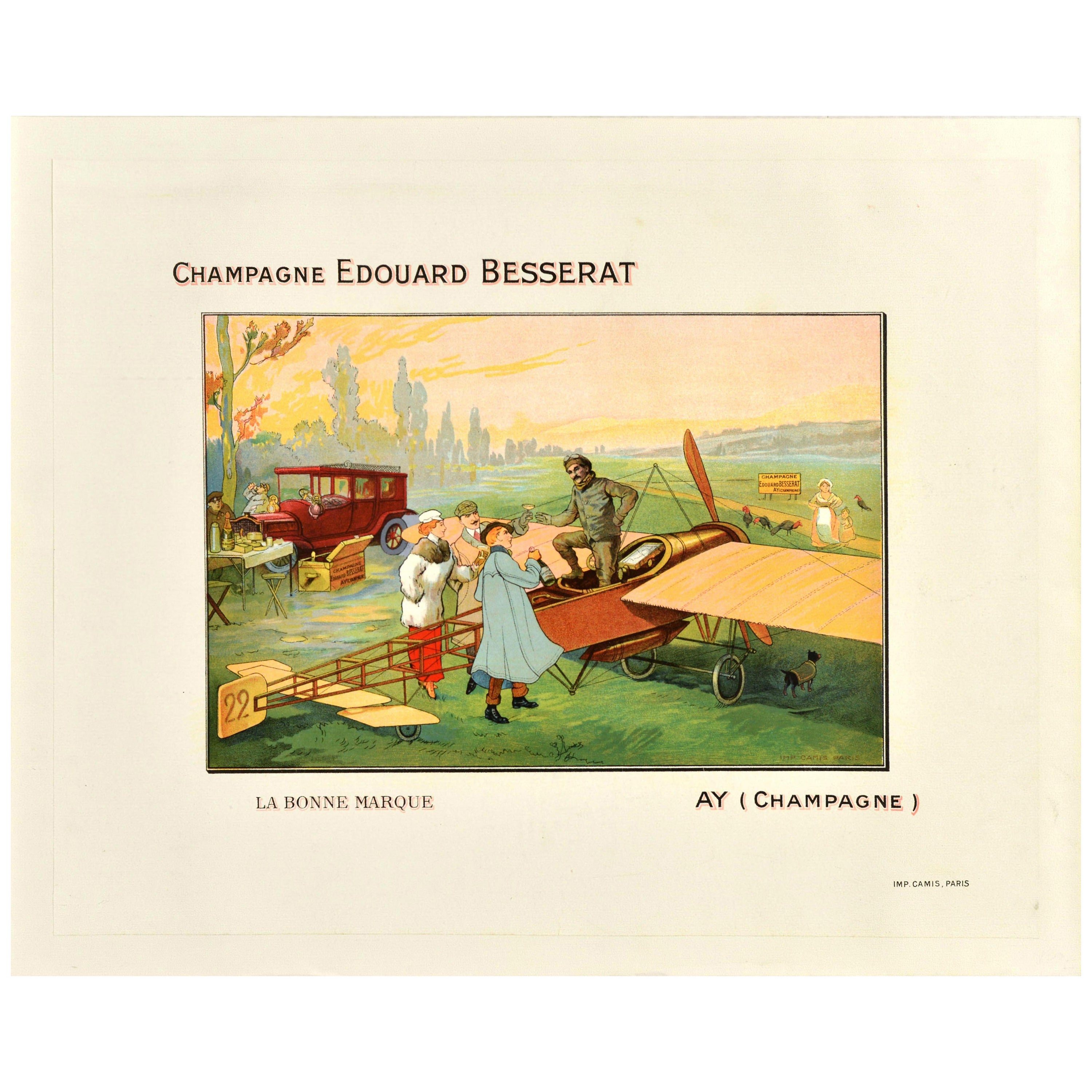 Affiche publicitaire originale d'antiquités pour le champagne Edouard Besserat, Pilote d'un avion