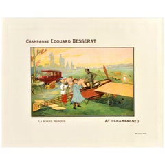 Affiche publicitaire originale d'antiquités pour le champagne Edouard Besserat, Pilote d'un avion