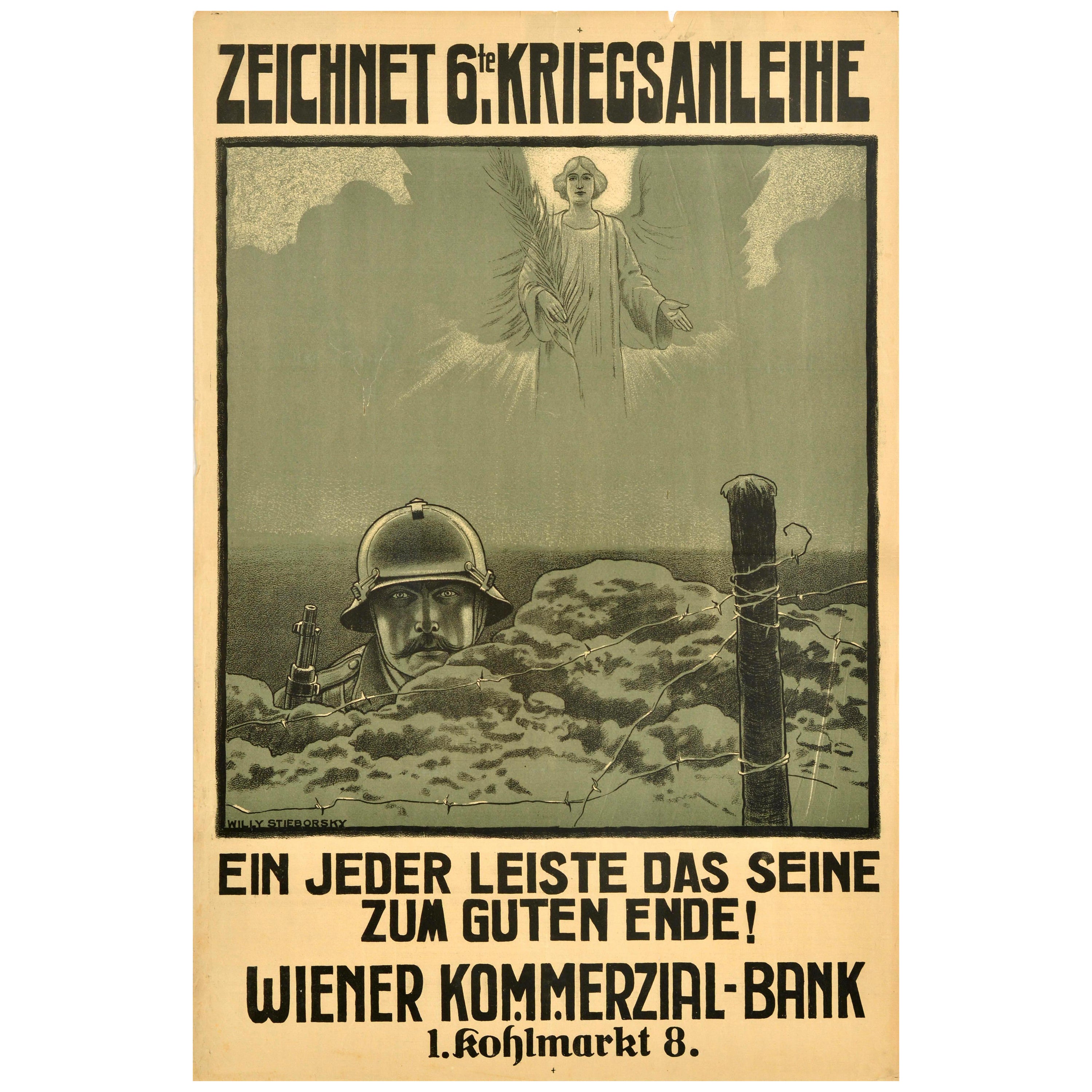 Original Vintage War Poster Subscribe 6th War Bond WWI Vienna Commercial Bank For Sale