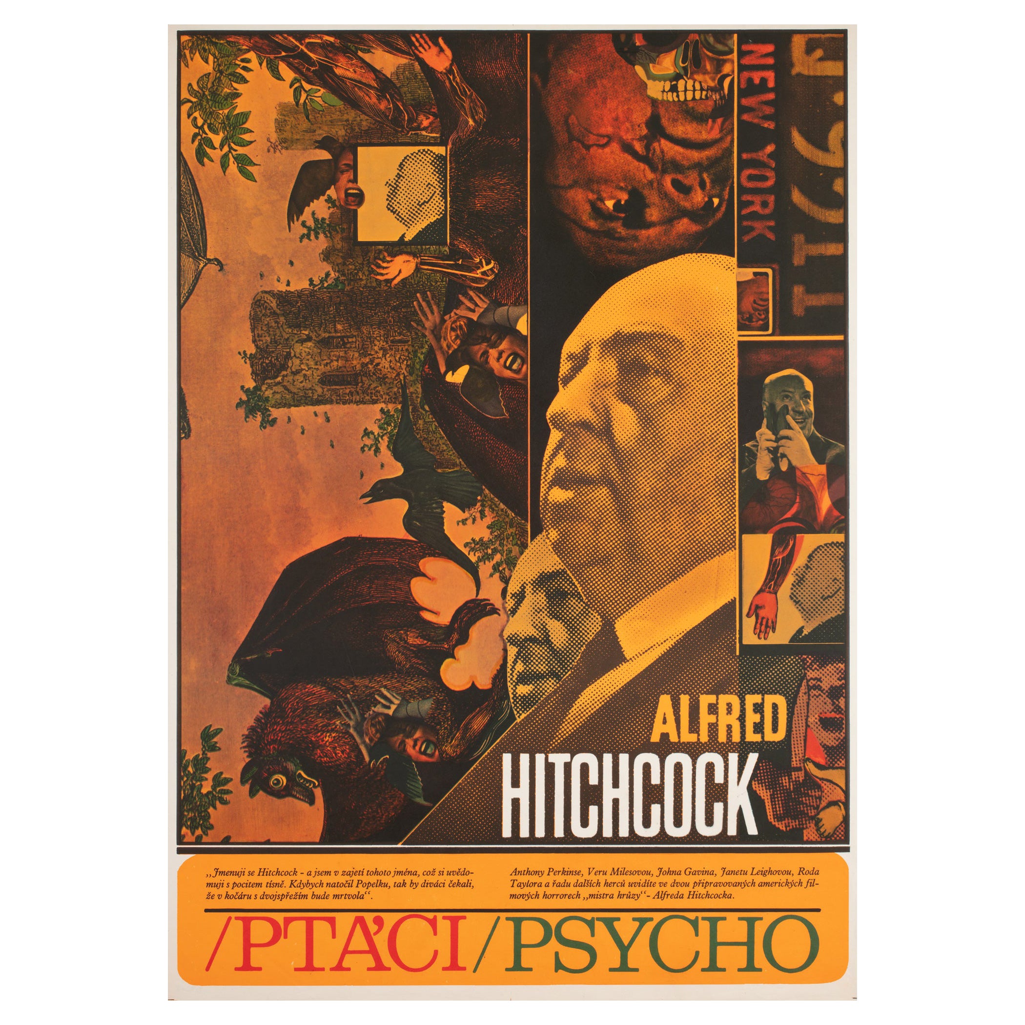 Affiche vintage rare du film tchèque Les Oiseaux/Psycho, Ziegler, 1970